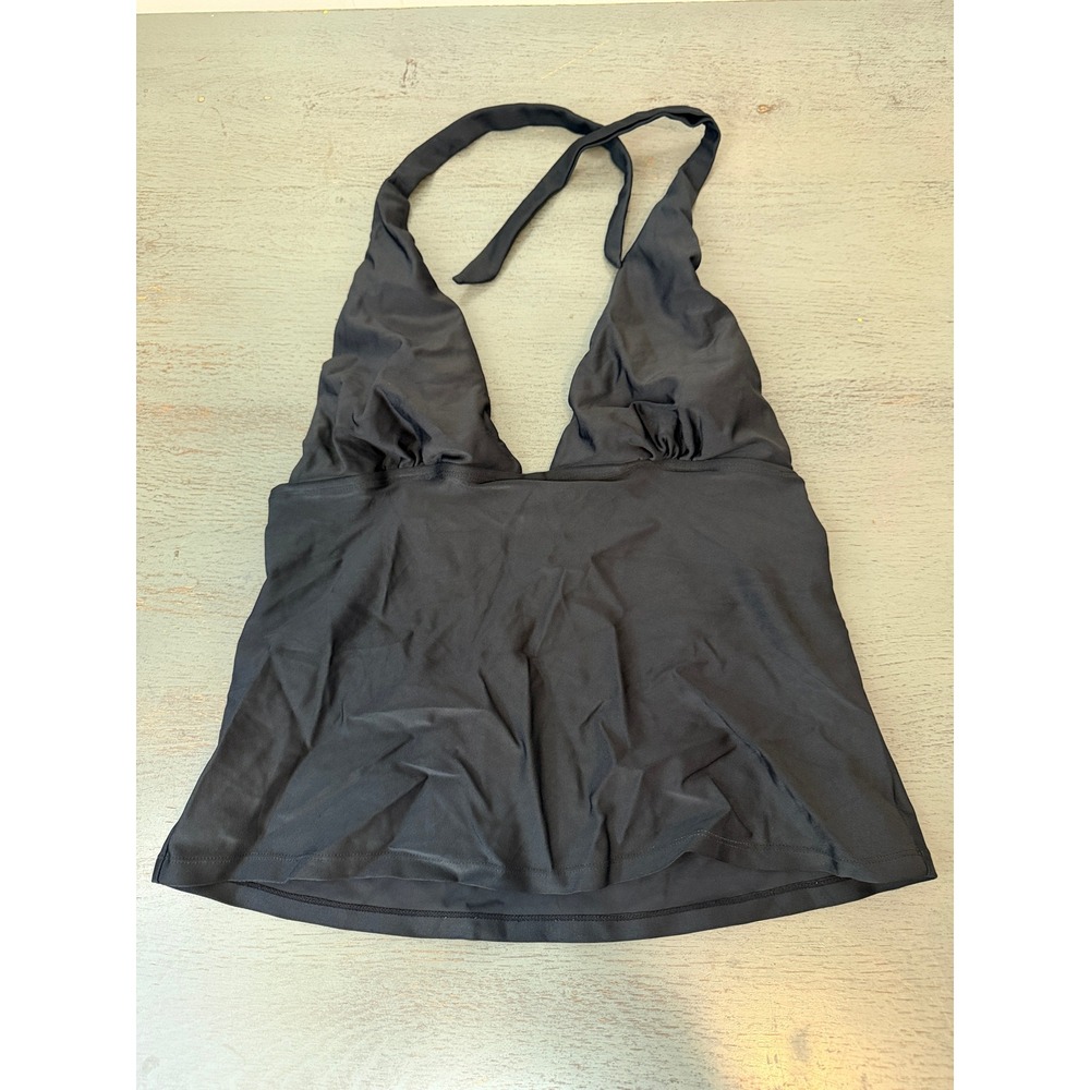 8HERMANNY Black Halter Tankini Swim Top Deep V-Neck Ruched Bust  Swimwear size